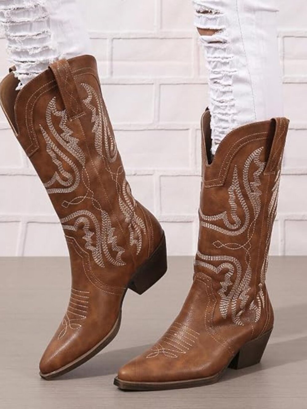 Cowboy Boots for Women Western Cowgirl Mid Calf Chunky Heel Snip Toe Boots